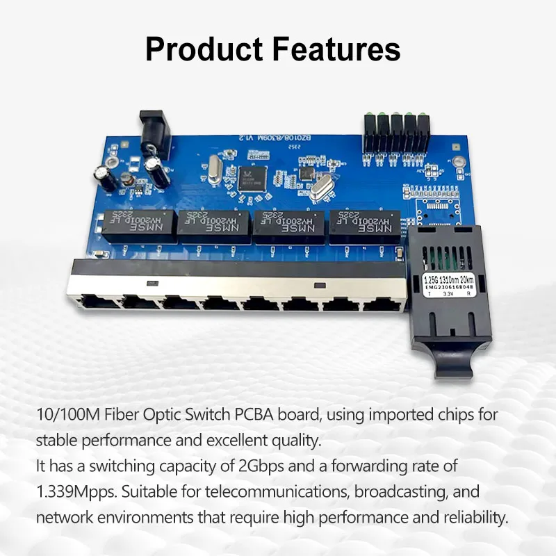 100Mbps Ethernet Switch Fiber Optic Converter Media 100Mbps Optical Transceiver 1 * SFP+8* RJ45 Ethernet Switch PCBA