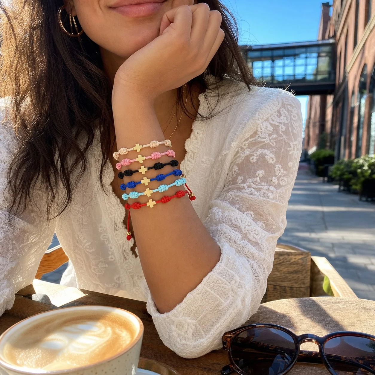 6pcs Colorful Knotted Cross Charm Cotton Rope Bracelet Gold Tone Copper Adjustable Tie Christian Wristband for Women Men
