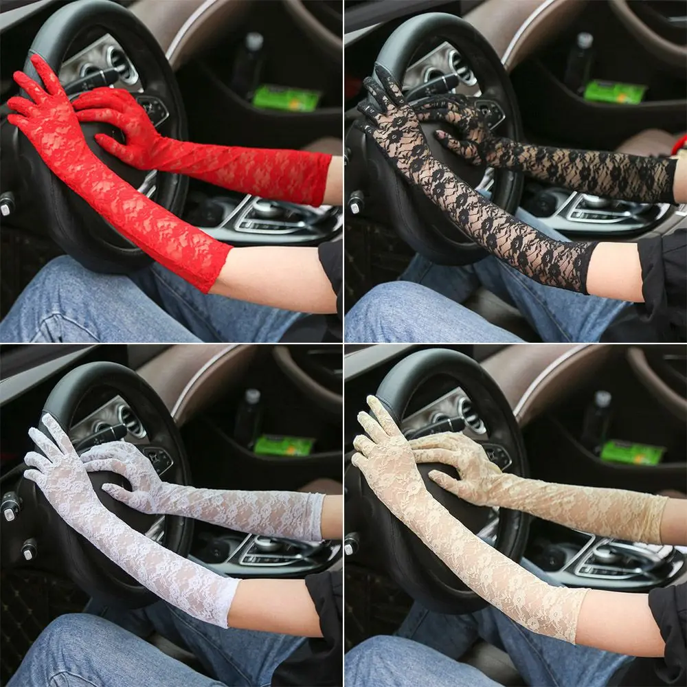 

Ladies Mesh Stretchy Floral Driving Gloves Long Lace Gloves Hollow-Out Mittens Sunscreen Gloves