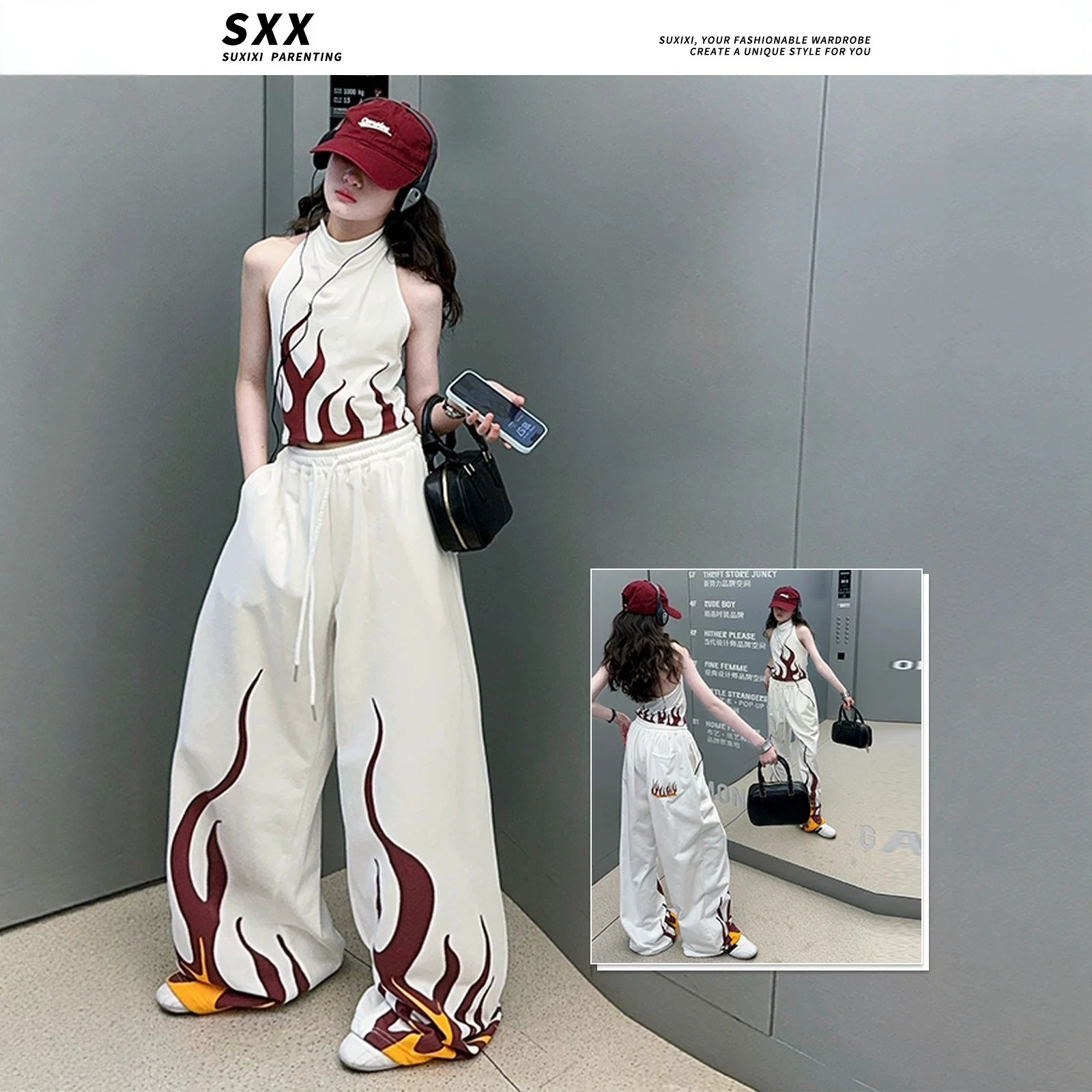 Girls Summer New fashion Casual Versatile Streetwear TeenTracksuits Jazz Dance Flame Print Halter Vest Wide-leg Pants 2pcs Set