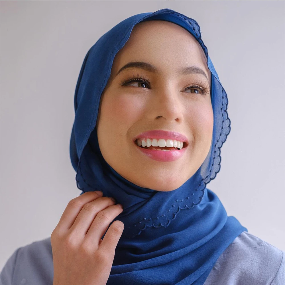 Chal de chifón pesado para mujer, Hijab musulmán, bordado de Malasia, Sulam