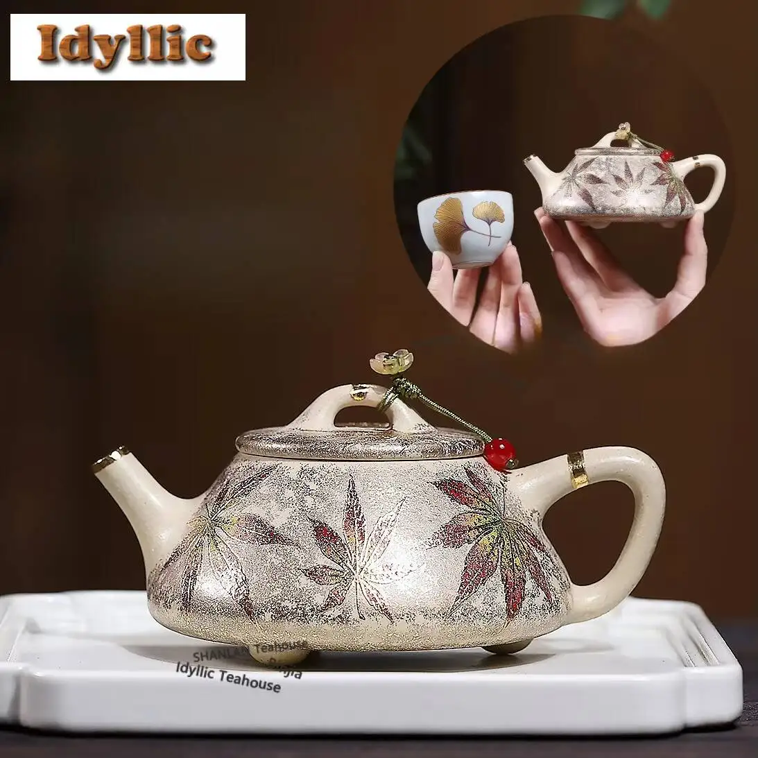 180ml Luxury Yixing Purple Clay Teapots Handmade Gold Drawing Maple Leaf Pot Raw Ore Benshan Green Mud Kettle Chinese Zisha Cha