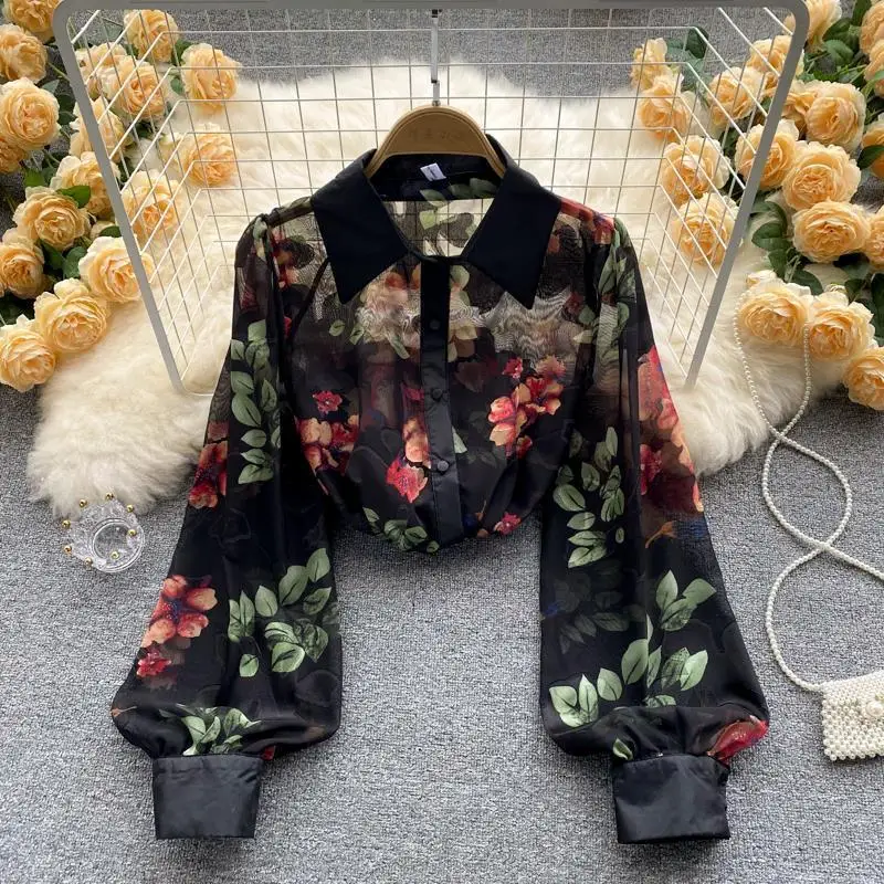 Spring Autumn Chiffon Printing Shirts Ladies Fashion All-match Tops New Vintage Perspective Women\'s Clothing Sunscreen Blouses