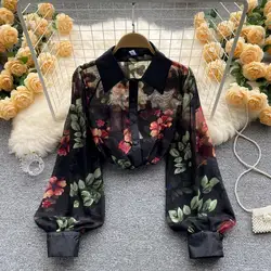 Spring Autumn Chiffon Printing Shirts Ladies Fashion All-match Tops New Vintage Perspective Women's Clothing Sunscreen Blouses