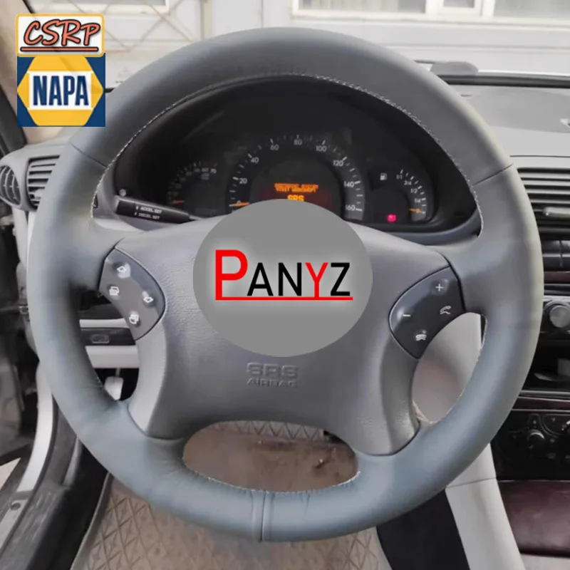 For Mercedes Benz W203 C-Class 2001 2002 2003 2004 2005 2006 2007 Custom Car Steering Wheel Cover DIY Full Coverage Grey Leather