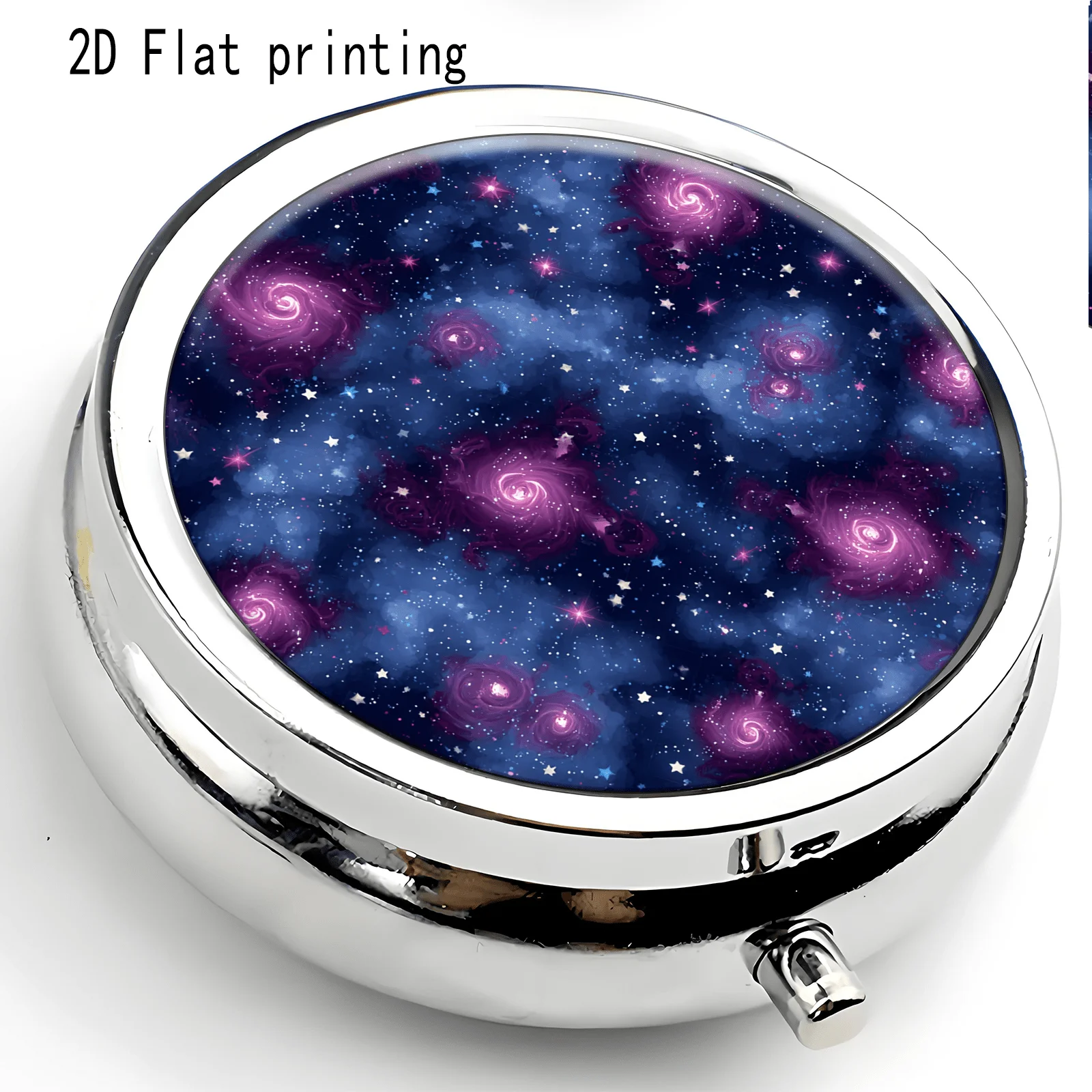 Single-piece, flat-printed, purple starry sky swirl nebula decorative pattern, round three-compartment small box, portable for storing medication and small accessories, suitable for handbags or travel, an exquisite choice, flat design