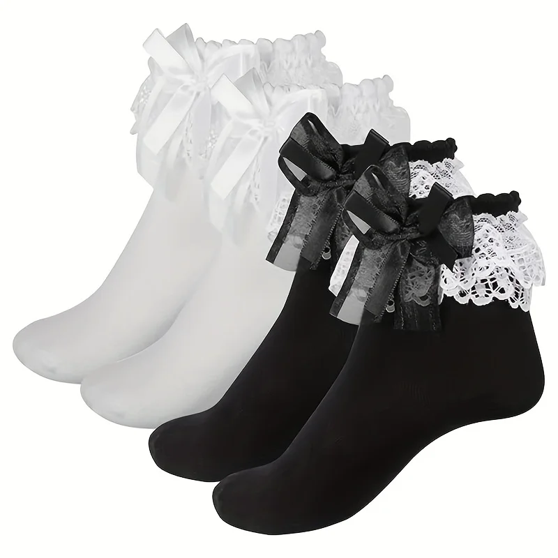 

2 пары женских носков с рюшами, черно-белые балетки с кружевной отделкой и оборками до щиколотки для женщин и девочек