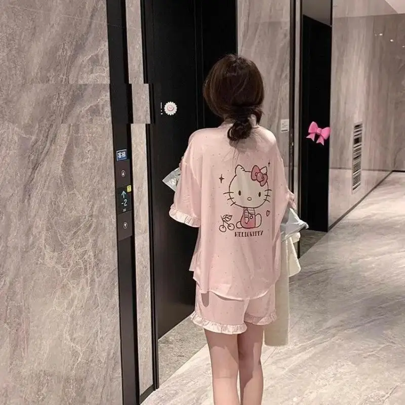 

Sanrio Cute Pajamas Hello Kittys Kawaii Summer Ice Silk New Style Sweet Comfortable Home Clothes Cartoon Gift for Girlfriend