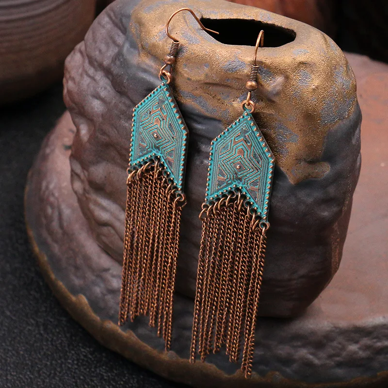 New Silver Color Chain Earrings for Women Vintage Ethnic Antique Carved Geometric Gypsy Long Earrings Indian Jhumka Jewelry Gift