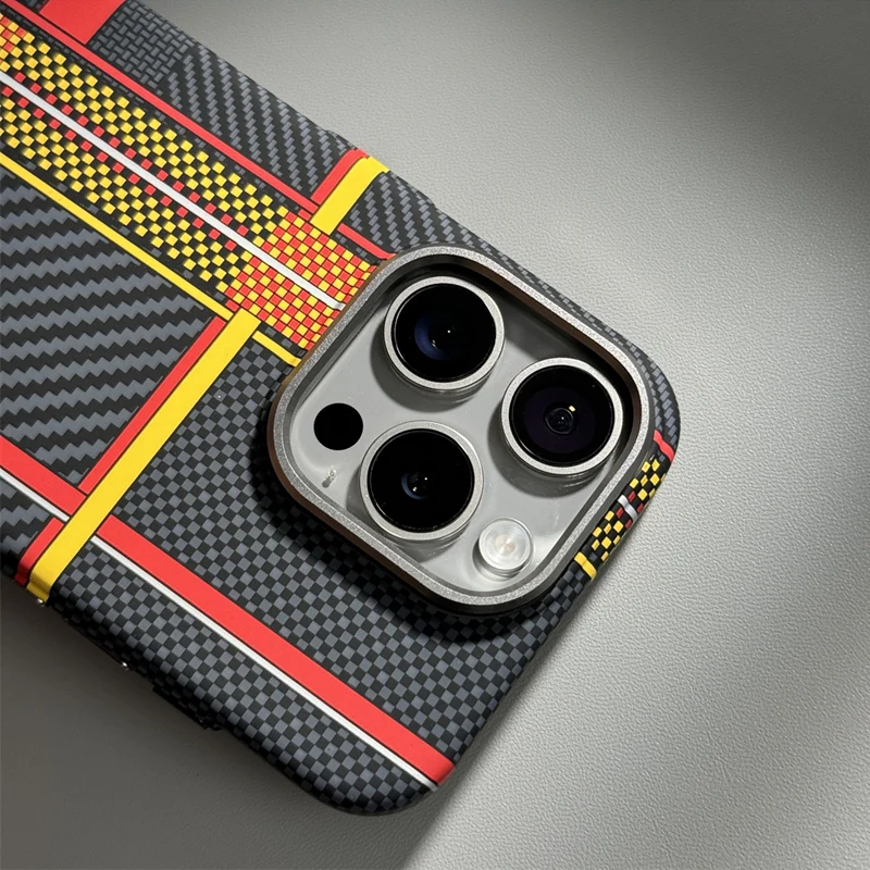 Alloy Lens Hit Color Carbon Fibre for MagSafe Phone Case for iPhone 16 15 17 Pro 16pro max 14 13 Wireless Charging Hard PC Cover