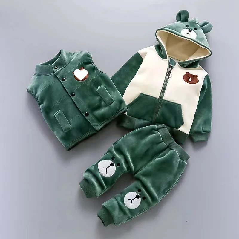 Cardigan Hooded Jacket+Vest+Pants Baby Plush Thickened Sweater 3PCS Suit Children\'s Clothing Autumn Winter Boys Girls Cotton Set