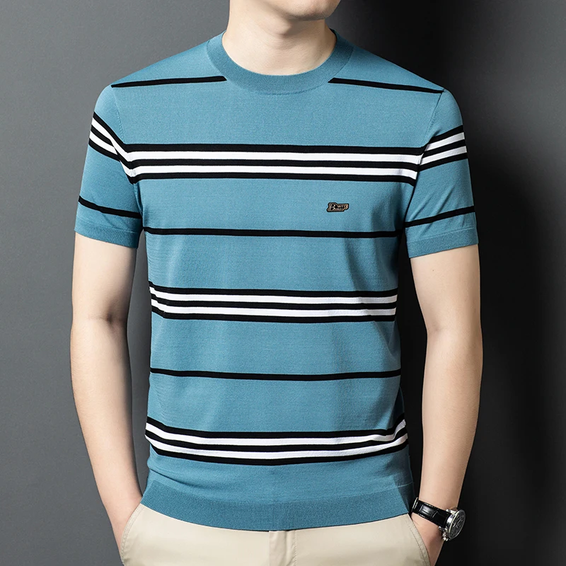 Stretchy Skin-Friendly Knitted T Shirt For Men Short Sleeve Silky Summer Quality Comfortable Breathable Casual Striped Camisetas