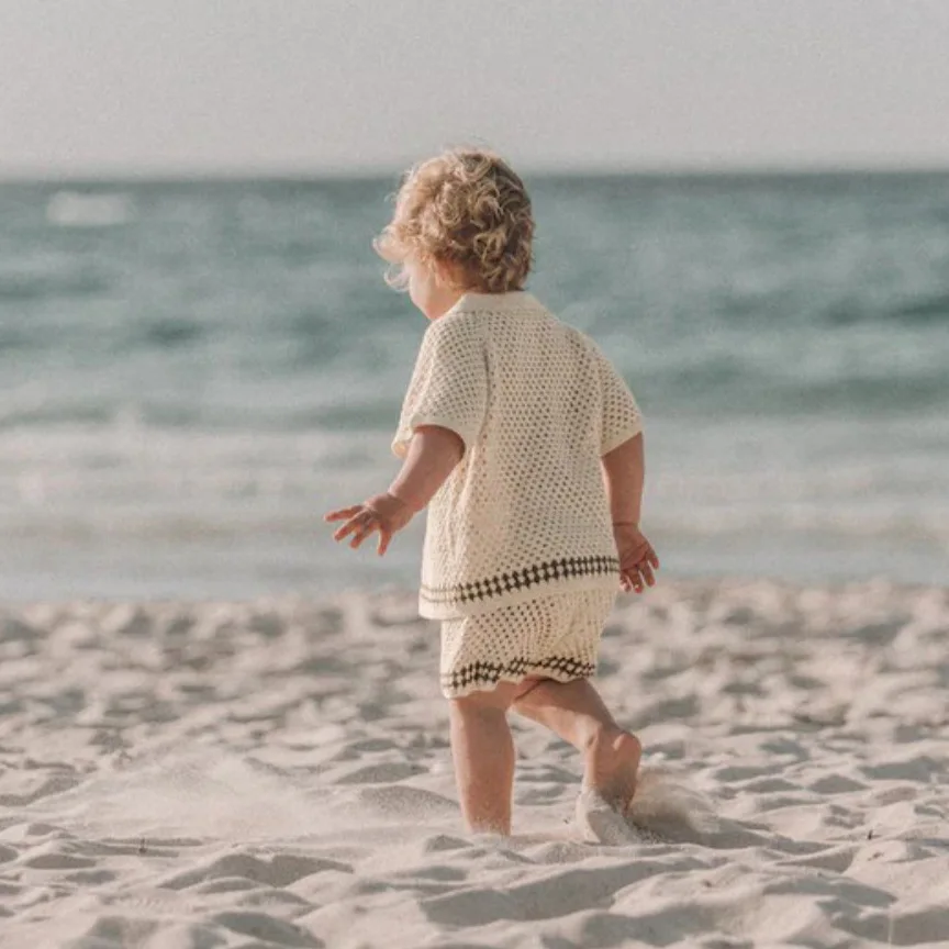 Baby Summer Hollow Lapel Crochet Knit Top & Shorts 2Pcs Set Infant Knitted Cardigan Separates Outfit Breathable For Daily Wear