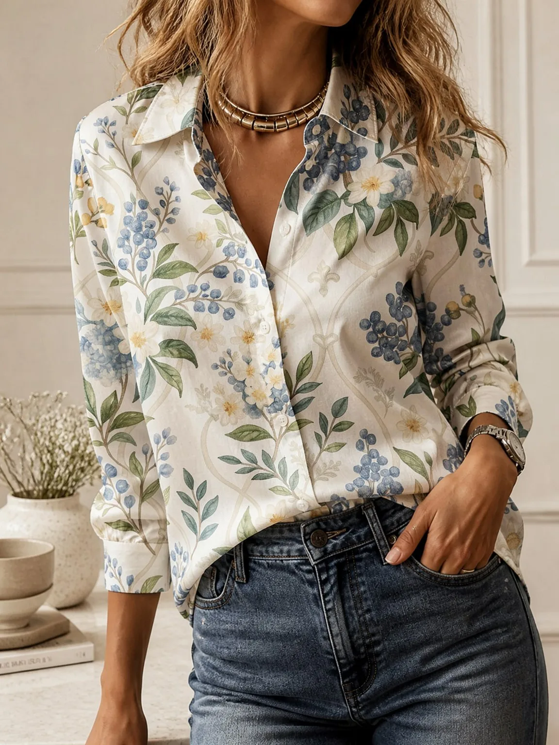 Casual All-match Collared Blouse, Women Long Sleeve Loose Fit Elegant Outdoor Daily Commuter Top view 2