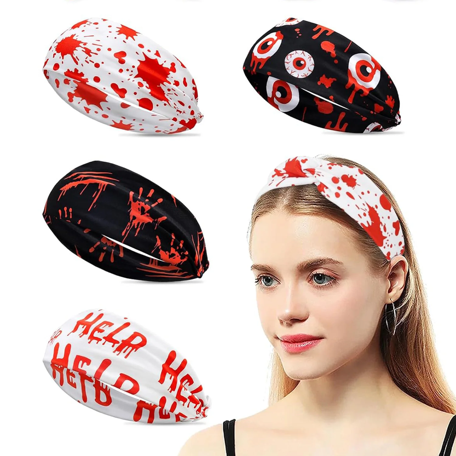 4-delige Halloween-bloedhoofdbanden Scrunchies Elastisch hoofd Brede haarband Haarbanden Haaraccessoires voor vrouwen Meisjes Feestcadeaus