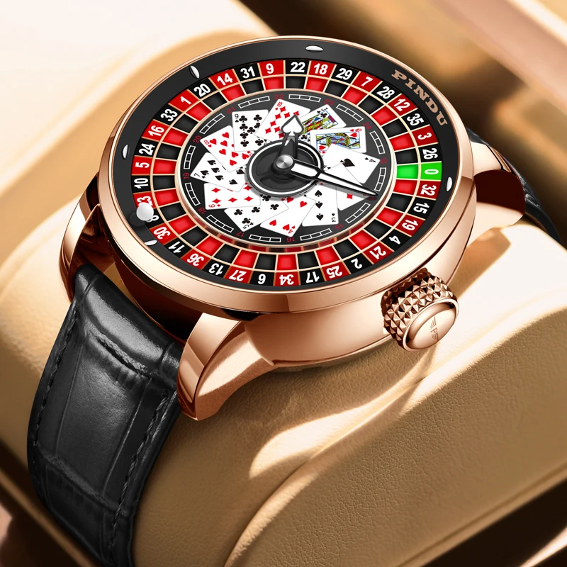 PINDU Design New Mechanical Watch NH35 Rotating Dial Las Vegas Roulette Desktop Theme Automatic Watch Men Texas Hold'em dial