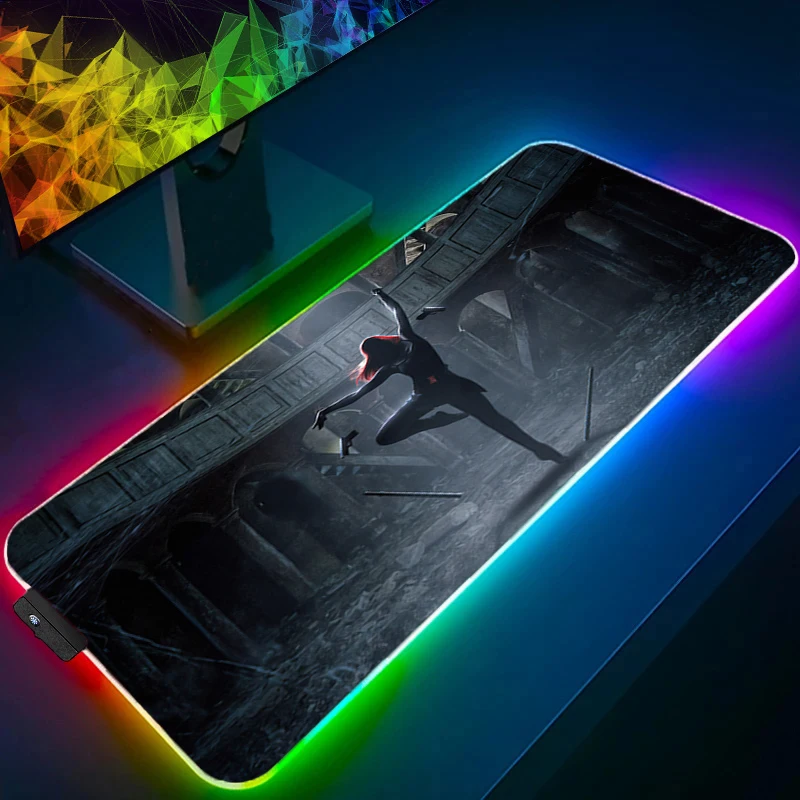 Alfombrilla de ratón RGB, juego de viuda negra, retroiluminación de goma, teclado de Pc, portátil, Kawaii, ordenador, velocidad, LED, alfombrilla de escritorio, accesorios para juegos, alfombrilla para ratón