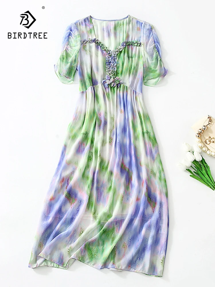 

Birdtree 100%Mulberry Silk Wooden Ear Dresses Collar Nail Flower Elastic Sleeve V Neck Versatile Dress 2023 Summer New D38811QC