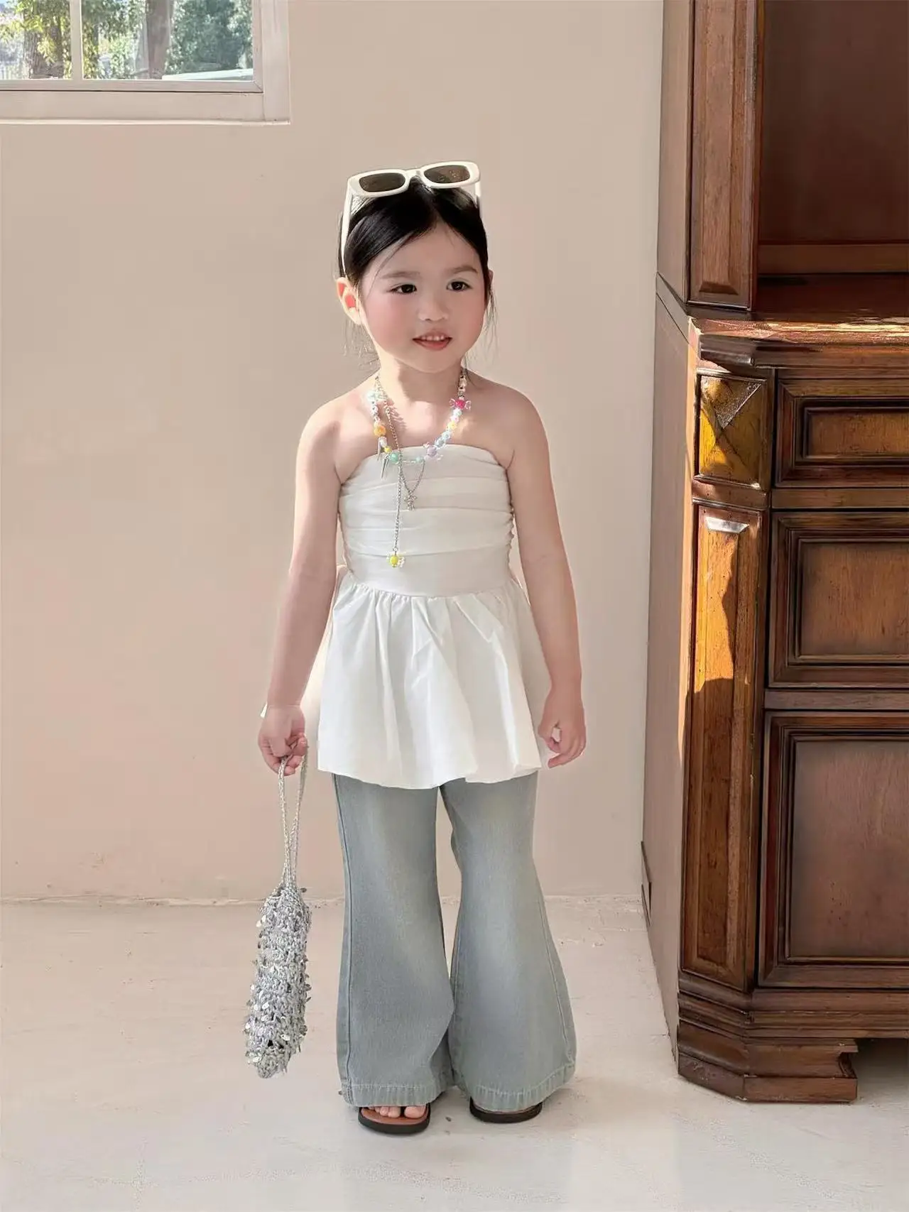 Girls Suit 2026 Summer New Childrens Wear Fashion Style Girl Baby Shoulder with Chest Vest Jean Flared Pants Two Sets