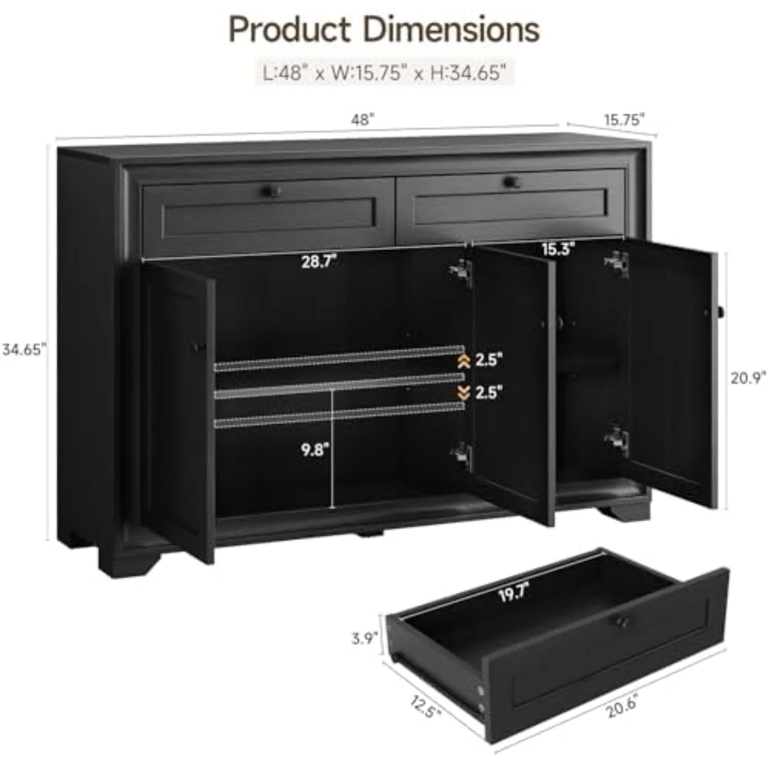 48 Inches Sideboard Buffet Cabinet with Storage, Farmhouse Sideboard with 2 Drawers and 3 Doors, Wood Coffee Bar