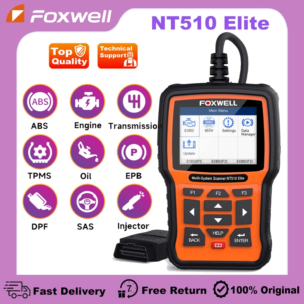 FOXWELL NT510 Elite OBD2 Automotive Car Diagnostic Tools Full System Multi Reset Bi-Directional Active Test a/f reset Scanner