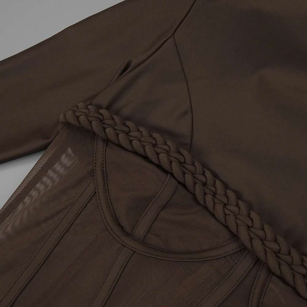 VC 파티 이브닝 ​​가운을 위한 쉬어 메쉬 코르셋 액센트가 있는 세련된 브라운 하이넥 긴 소매 드레스