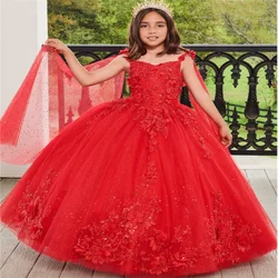 Red Elegant Tulle Fluffy New Flower Girl Dress Appliqué First Communion Ball Celebration Princess Graduation Ceremony Custom Out