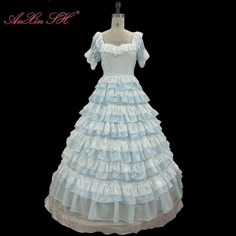 AnXin SH vintage princess blue chiffon ruffles sweetheart short sleeve white lace bow zipper fringed customized evening dress