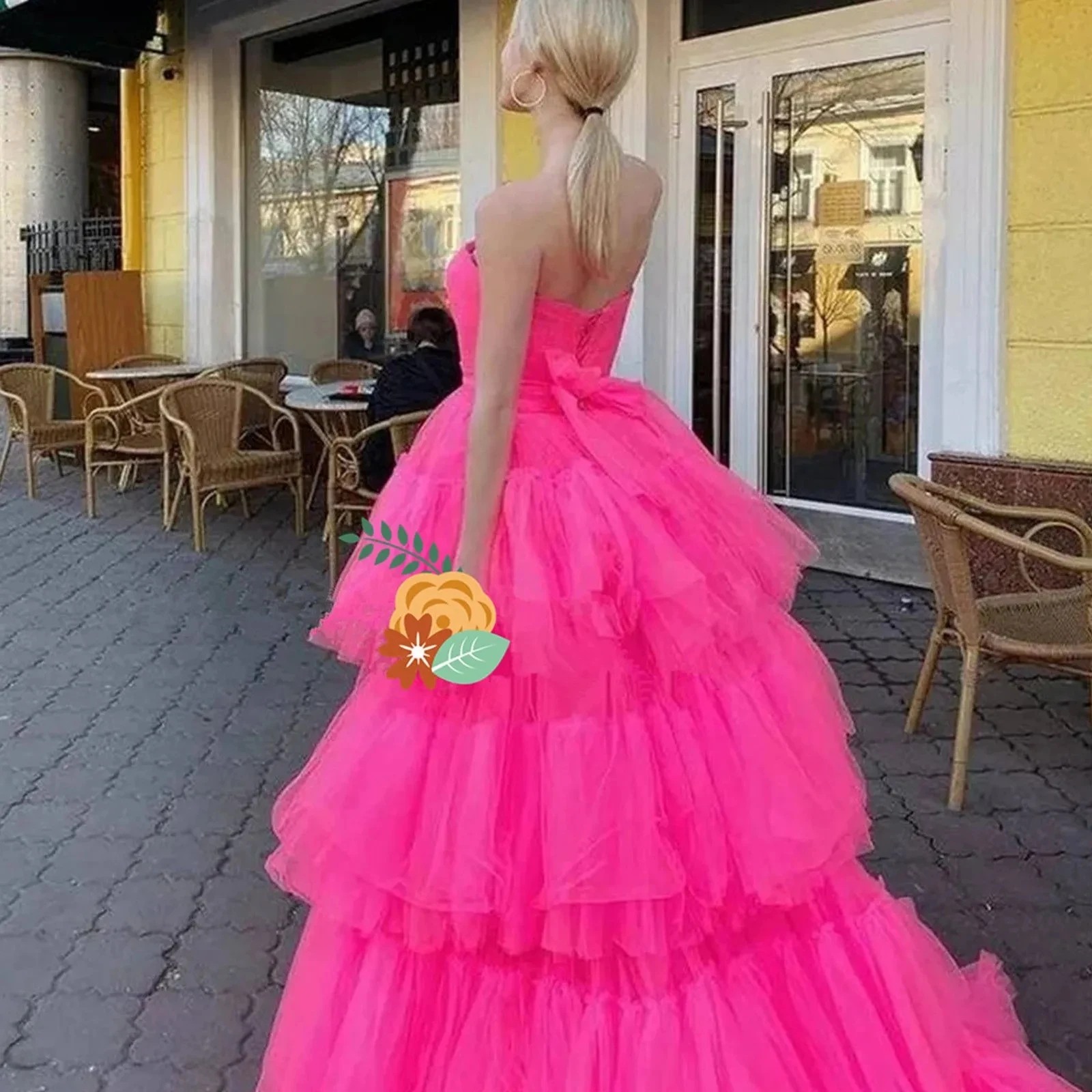 Hot Pink Prom Dresses High Low Strapless Girls Princess Style Birthday Party Dress Tiered Tulle Evening Gowns Floor Length Robe