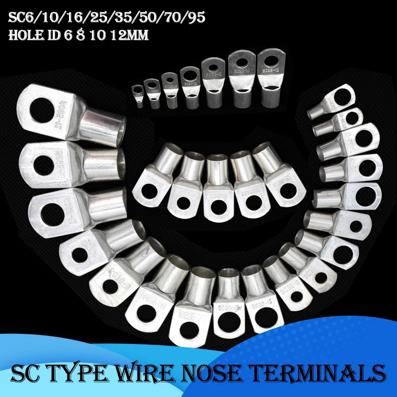 

5~20pcs SC Type Wire Nose Terminal SC6/10/16/25/35/50/70/95 Bare Copper Battery Block Lugs Hole ID6/8/10/12 Crimp Wire Connector