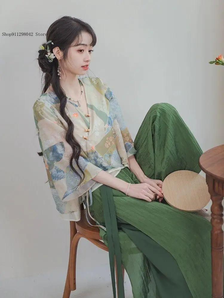 Spring and Summer Chinese Style Casual Retro V-Neck Tops T-Shirt Green Loose Wide Leg Pants Two-Piece Set for Women