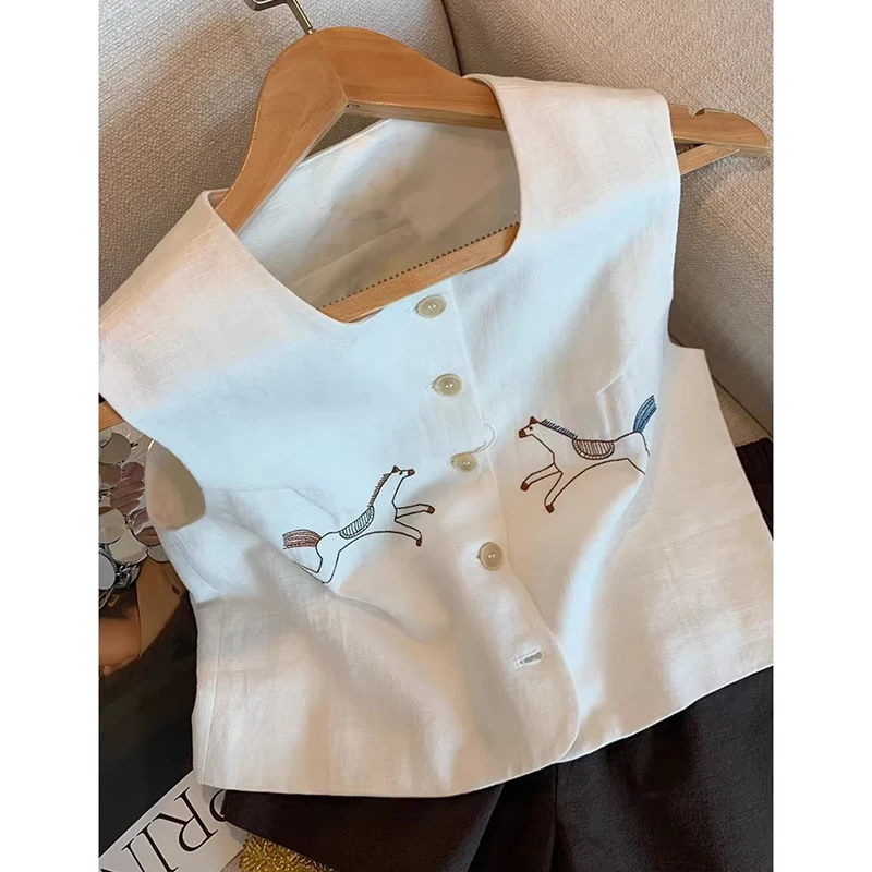 

Элегантный вышитый хлопково-льняной жилет для женщин, без рукавов, свободного кроя, летний топ, модная мелкая вышивка, универсальный.