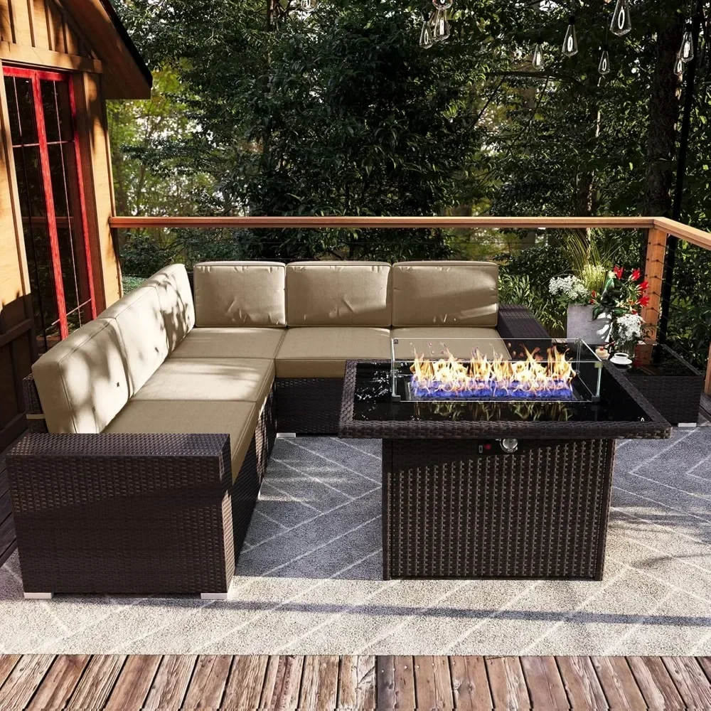 Gas Fire Pit Table Outdoor Sectional Brown Rattan Wicker Conversation Sofa Sets with Coffee Tables 44