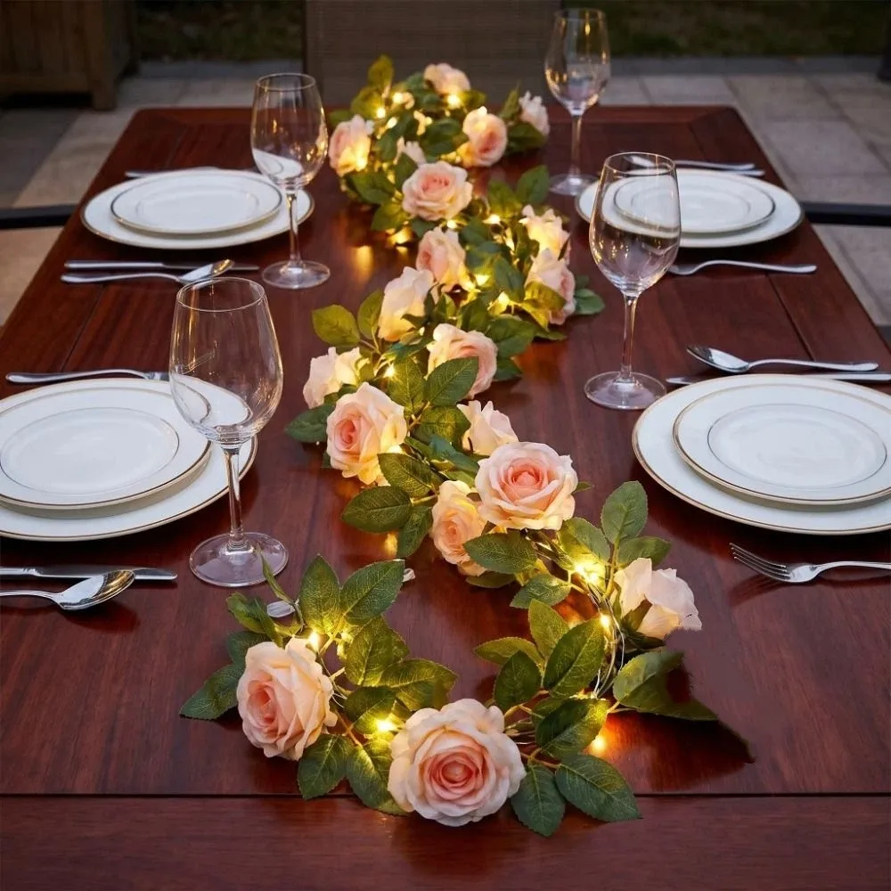LED LED Rose Lights Floral Garland Simulation Floral Vine Artificial Flower String Lights Waterproof Artificial Rose