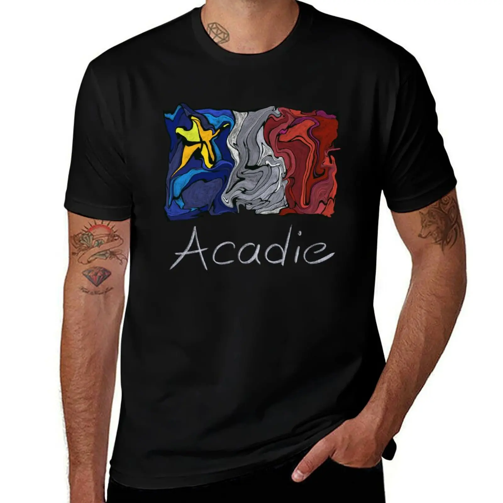 Acadian Flag pastel liquid mosaic - Drapeau acadien mosa?que liquide pastel vitrail T-Shirt graphics t shirts for men pack