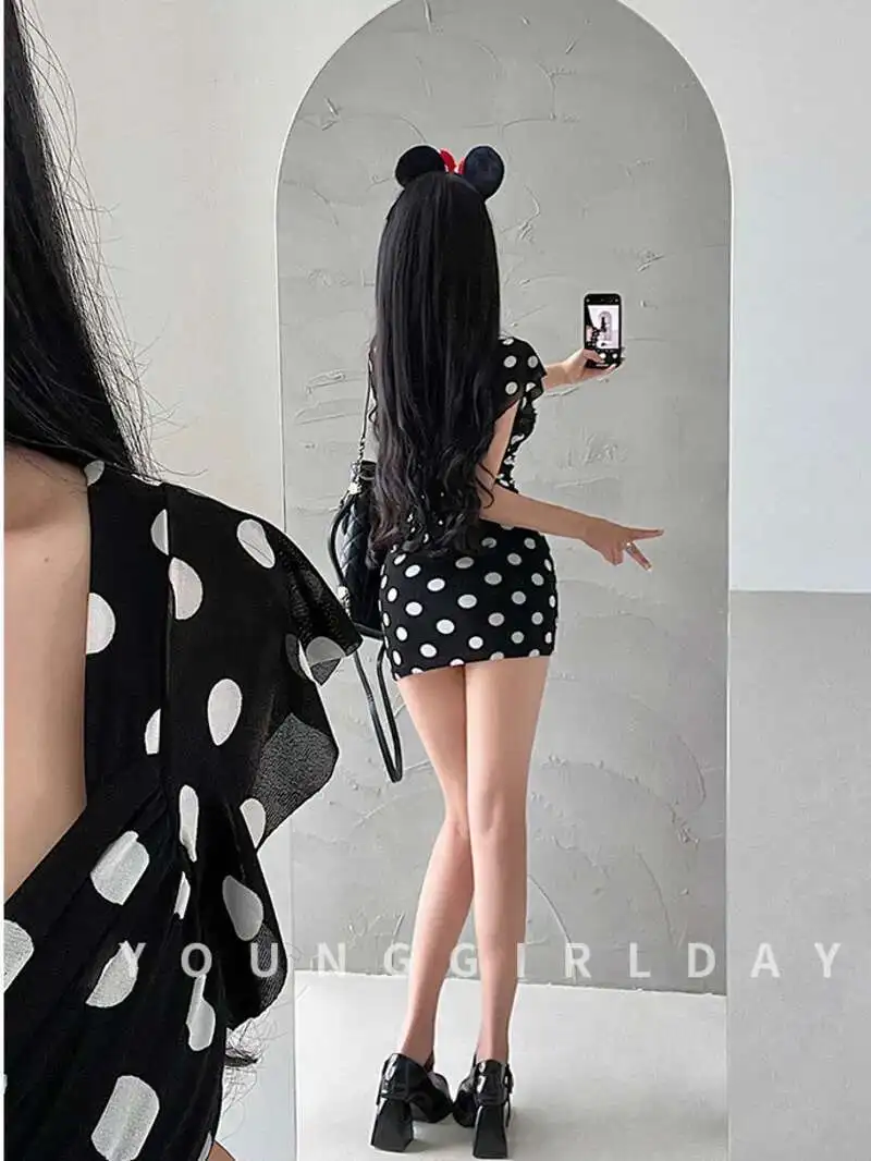 Desire Sexy Pure V-hals Laag Uitgesneden Geplooide Mesh Polka Dot Korte Mouw Jurk Elegante Korte T-shirt Mini Jurk Sexy Vrouwen top LDB7