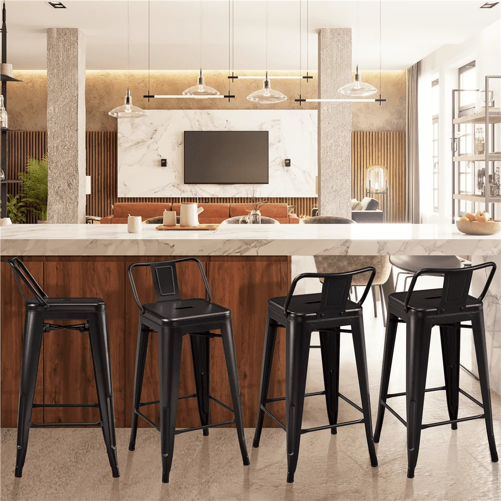 26 Inch Metal Bar Stools with Backs, Black Dining Chairs