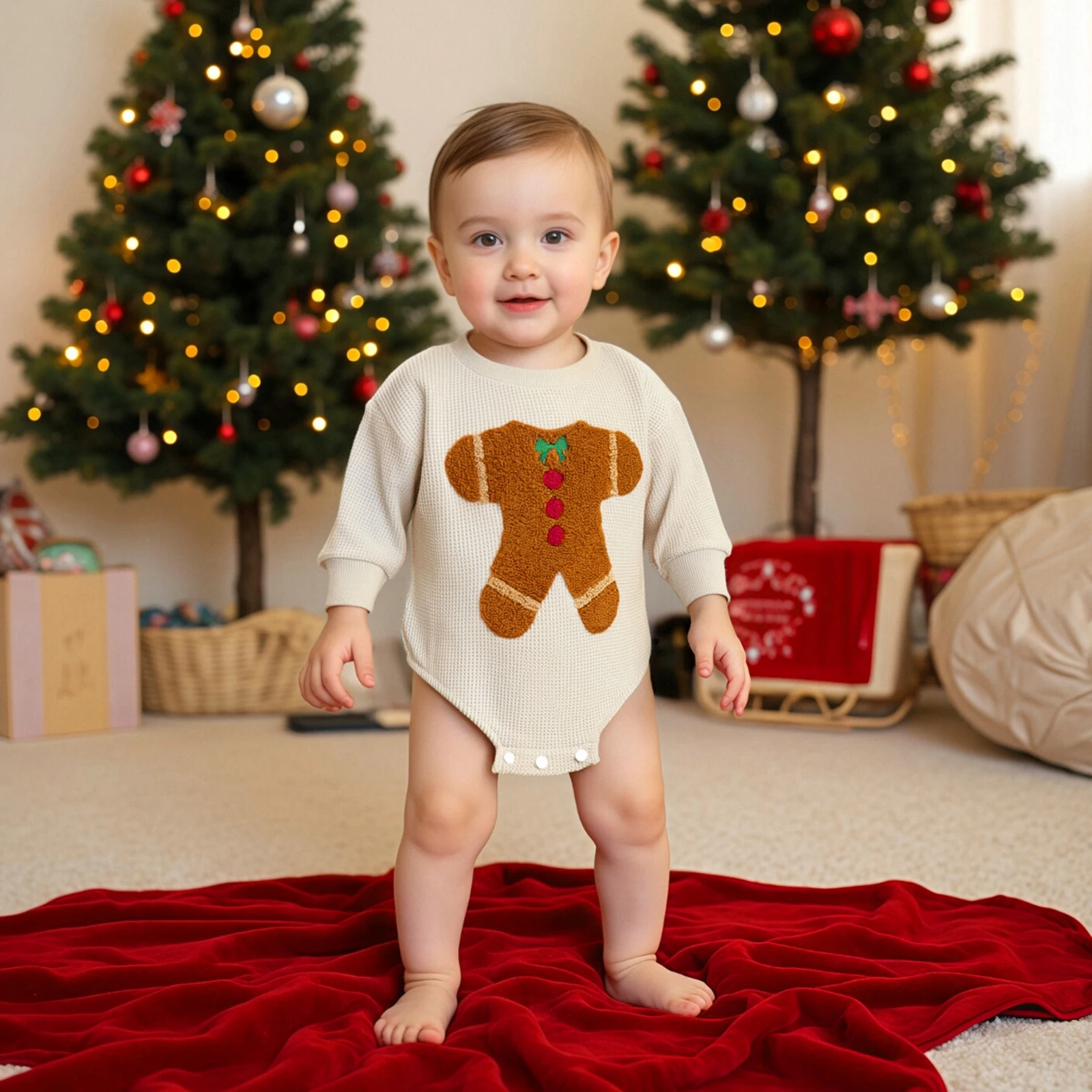 

Baby Girls Boys Christmas Romper, Long Sleeve Embroidery Gingerbread Man Fall Bodysuit Clothes