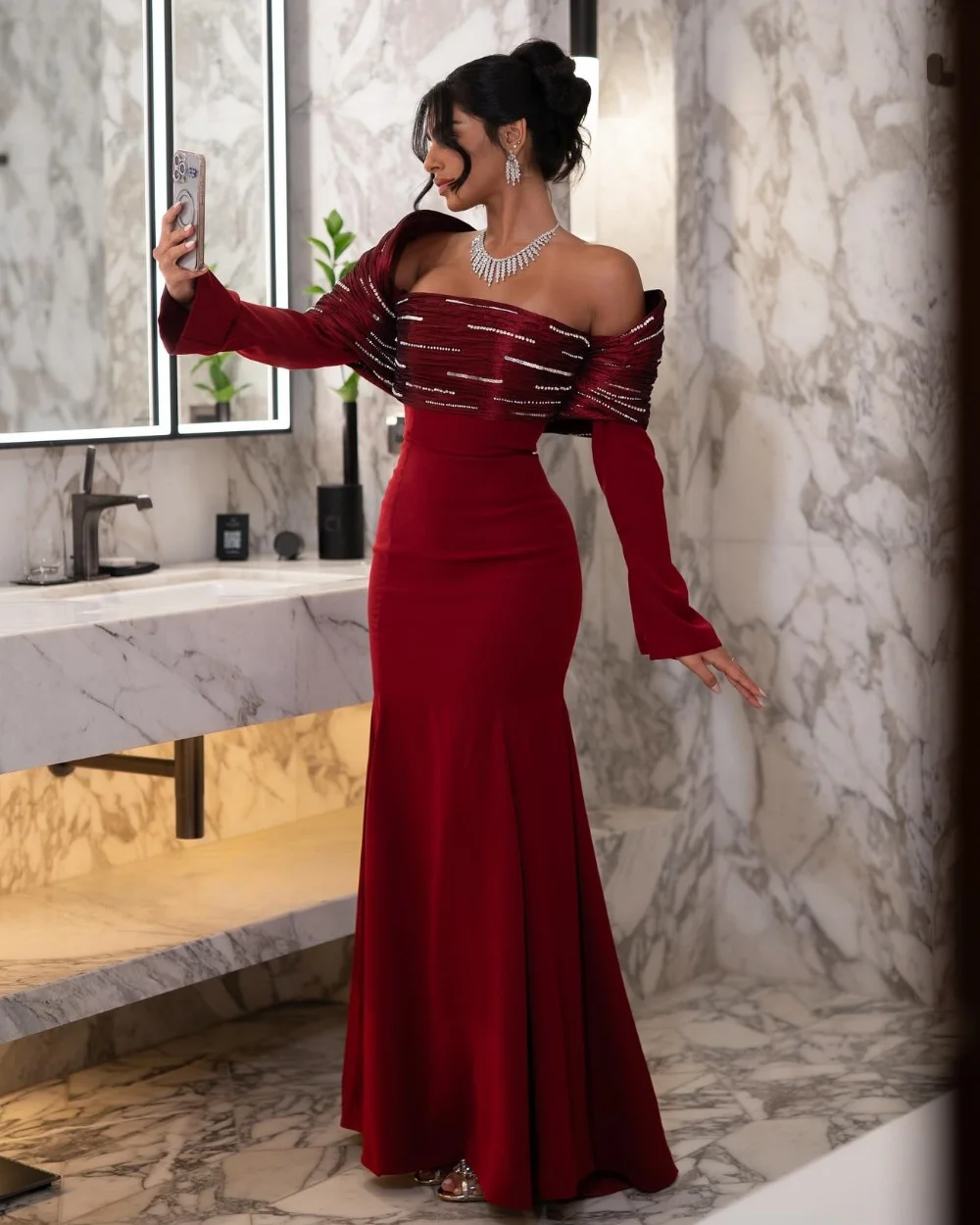 تخصيص الطراز الحديث مطابقة جيرسي حجر الراين حورية البحر خارج على الكتف فساتين طويلة مخصصة فساتين المناسبات جودة عالية #1