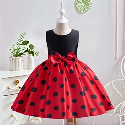 2024 New Kids Girl Dress Children Sleeveless Bow Polka-Dot Party Dresses Princess Wedding Birthday Fashion Gowns Vestidos 3-8Yrs