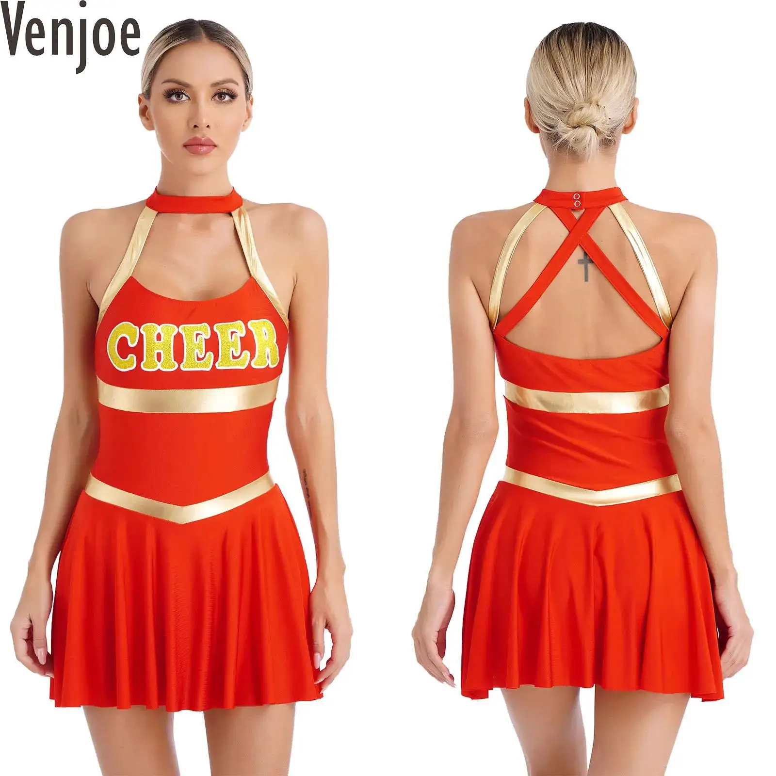 Womens Schoolgirl Cheerleading Costumes Sleeveless Strappy One-Piece Bodysuit Dress Halloween Carnival Cheer Leader Outfits