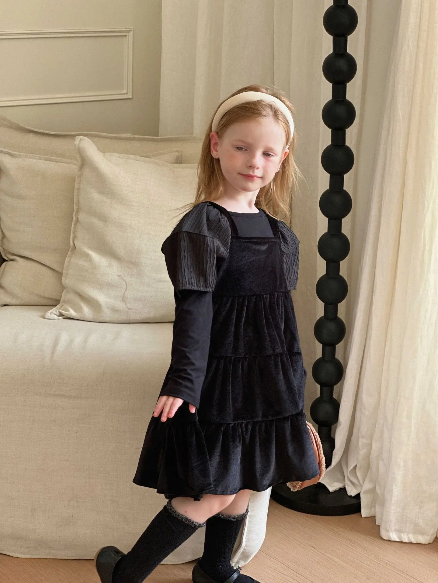 Girls Velvet Dress Sleeveless Casual Winter Fall Princess Christmas Party Suspender Dresses Black Grey Outfits Jumper Skirt