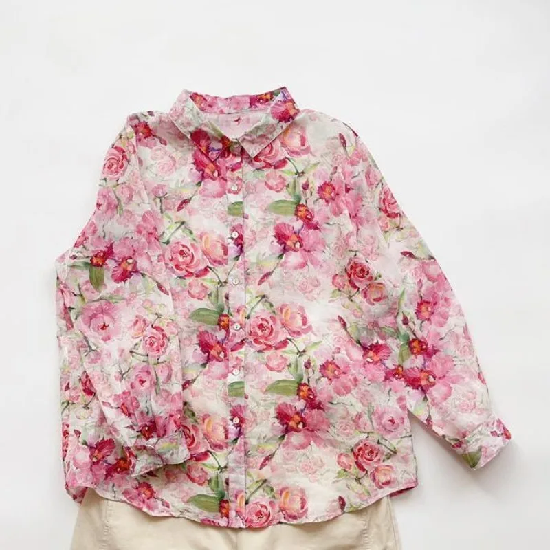 

Womens French Style Watercolor Floral Print Shirt Lightweight Cotton Long Sleeve Blouse Casual Loose Button Down Top