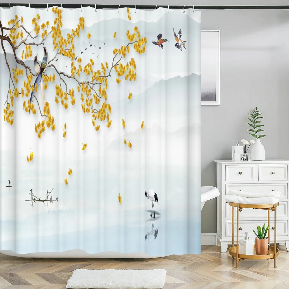 Chinese ink landscape style shower curtain scenic pattern Waterproof Fabric bath curtain washable Bathroom curtains Multi Size