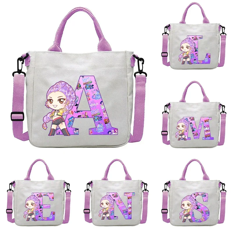 

New K Pop Demon Hunters Women Handbag Kawaii Cartoon Letter Printed Canvas Girls Shoulder Bags Fashion Teenagers Crossbody Bags