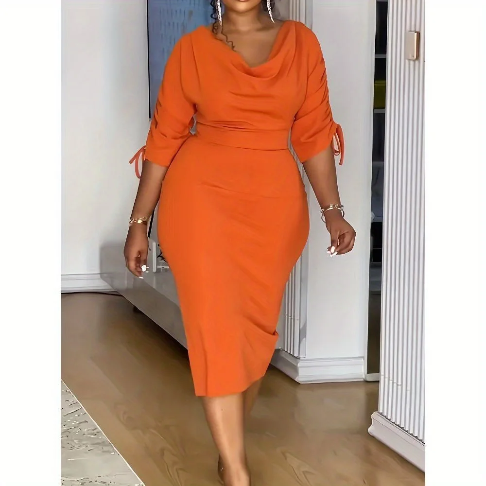 

Orange Half Sleeves Pile Neck Drawstring Slit Wrap Dress Formal Evening Party Pleated Fitted Midi Dress