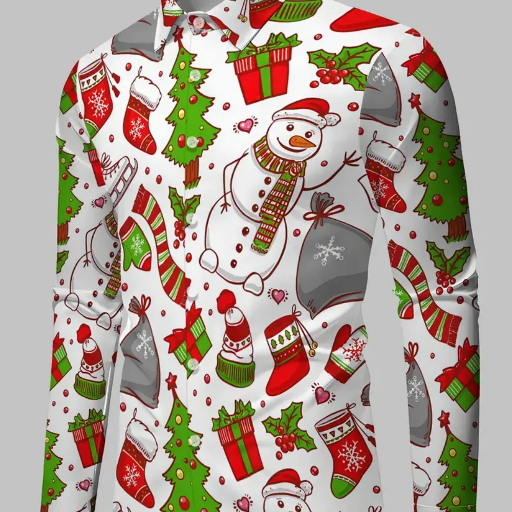 

Men's Christmas Cartoon Printed Long Sleeved Shirt, Comfortable, Soft Fabric, Holiday Party, Party, Plus Size
