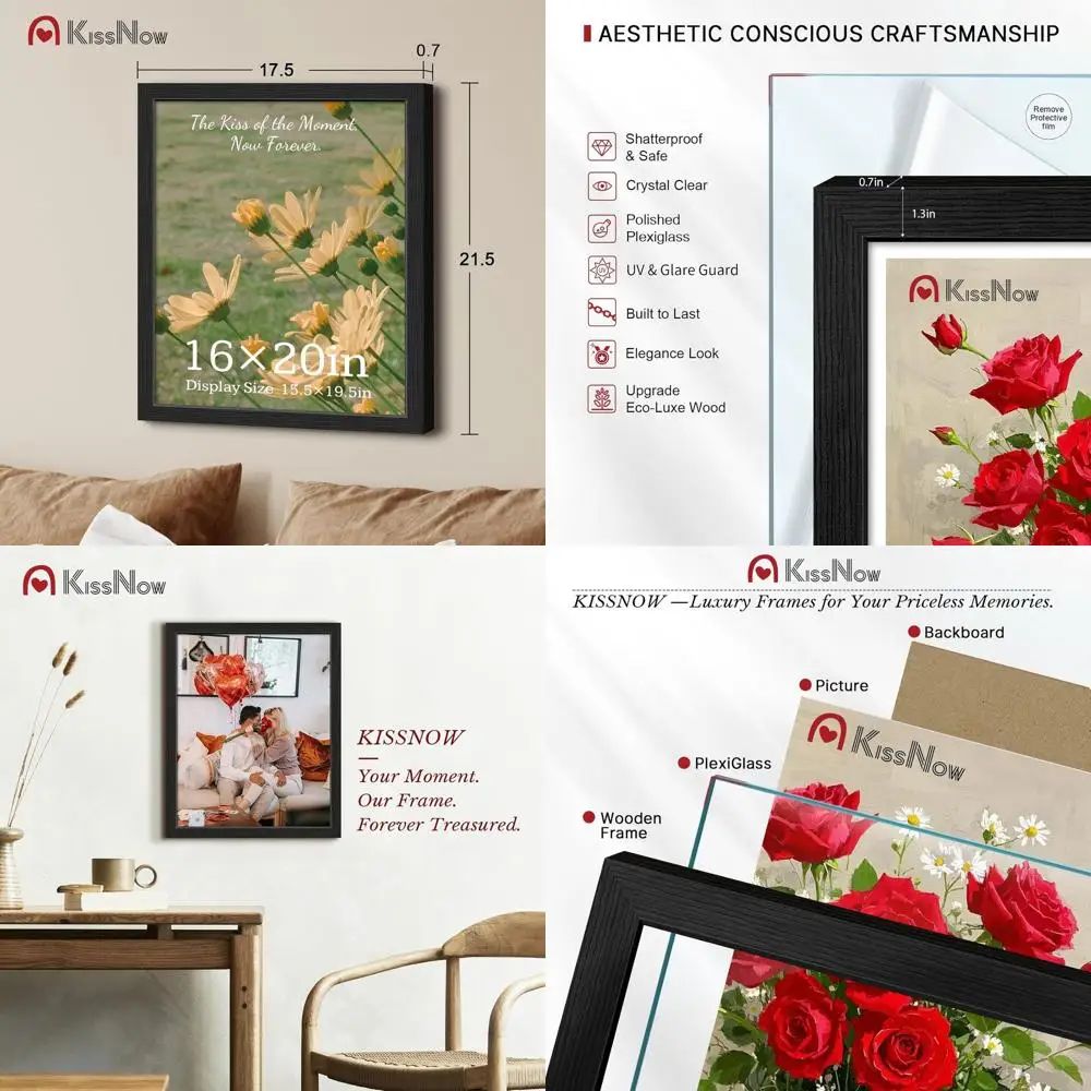 

Set of 4, 16x20 Inch, Textured Black Wooden Wall Frames for Gallery Posters