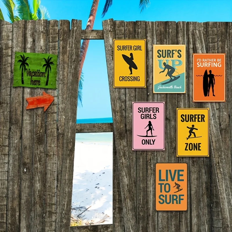 2D Flat, [JIT]Decorative Sign& Plaque 2D Flat, 6pcs Vintage Surf Area Metal Wall Decor, Retro Surfing Posters with Surf Silhouet