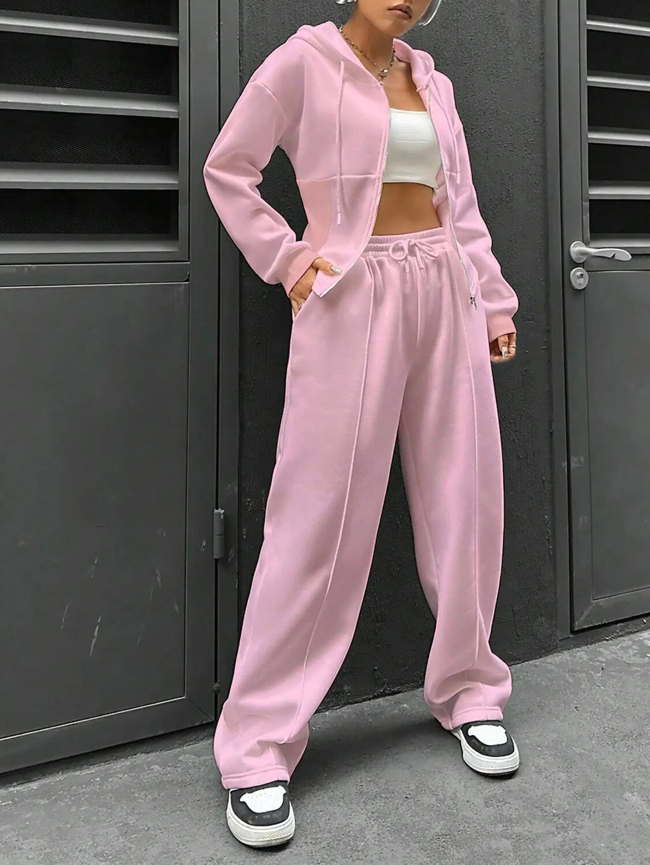 

Women's Sets Autumn Winter Daily Plain Zipper Drawstring Open Front Long Sleeve Hooded Elastic Waist Long Pants Sets